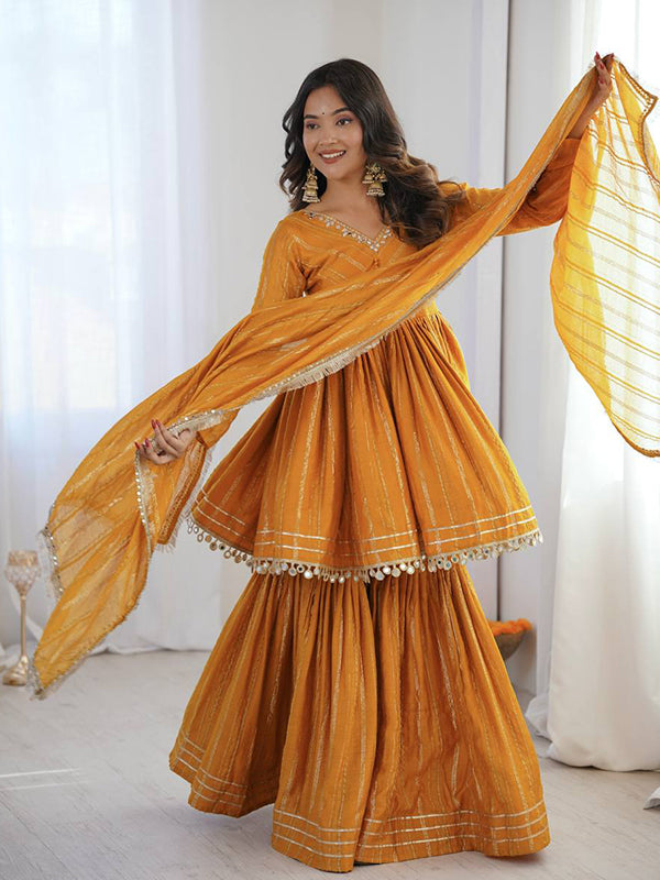 Yellow Real Mirror & Handwork Mal Chanderi Sharara Set With Dupatta