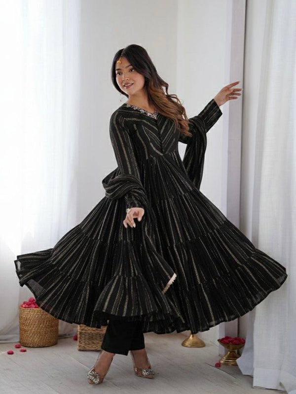 Black Handwork Mal Chanderi Ruffle Gown With Dupatta