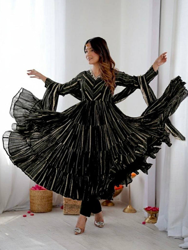 Black Handwork Mal Chanderi Ruffle Gown With Dupatta