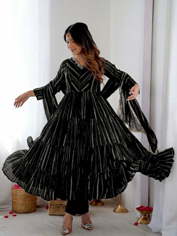 Black Handwork Mal Chanderi Ruffle Gown With Dupatta