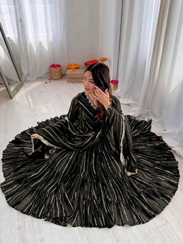 Black Handwork Mal Chanderi Ruffle Gown With Dupatta
