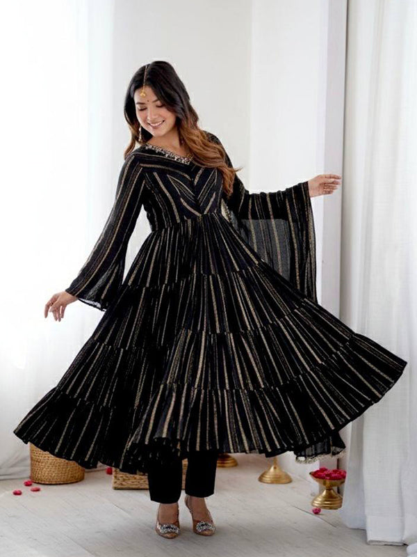 Black Handwork Mal Chanderi Ruffle Gown With Dupatta