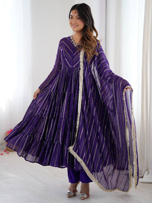 Purple Handwork Mal Chanderi Ruffle Gown With Dupatta