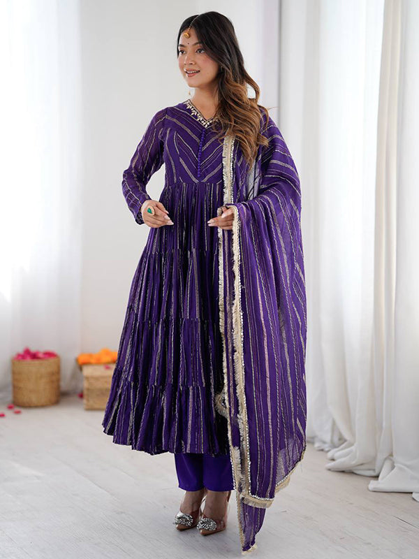 Purple Handwork Mal Chanderi Ruffle Gown With Dupatta