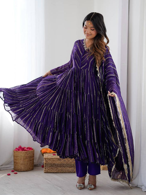 Purple Handwork Mal Chanderi Ruffle Gown With Dupatta