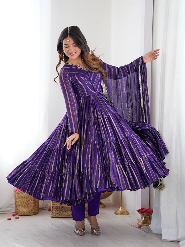 Purple Handwork Mal Chanderi Ruffle Gown With Dupatta