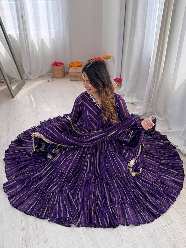 Purple Handwork Mal Chanderi Ruffle Gown With Dupatta