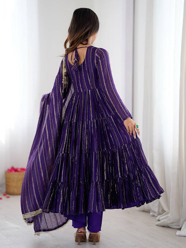 Purple Handwork Mal Chanderi Ruffle Gown With Dupatta
