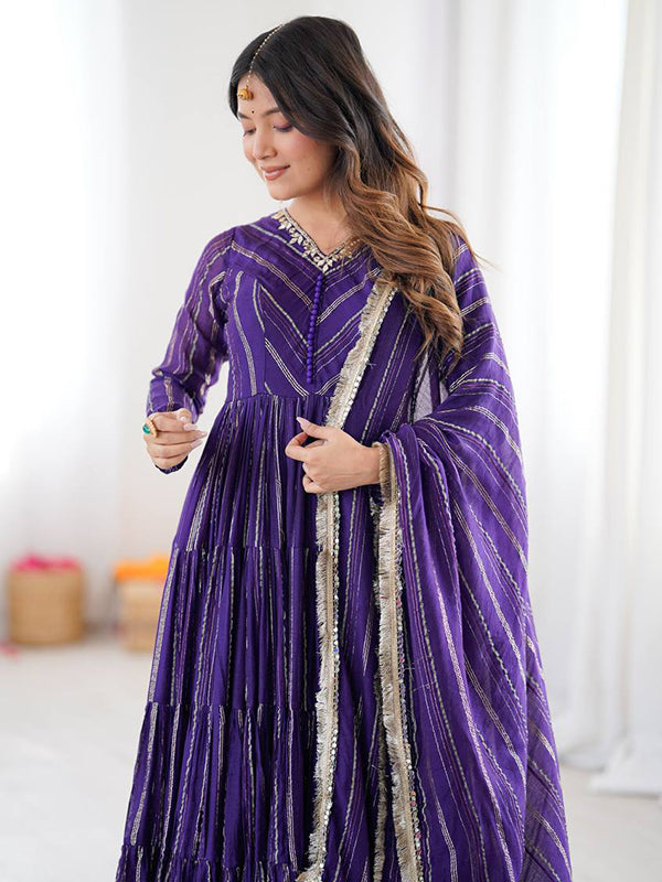 Purple Handwork Mal Chanderi Ruffle Gown With Dupatta