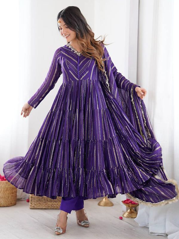 Purple Handwork Mal Chanderi Ruffle Gown With Dupatta
