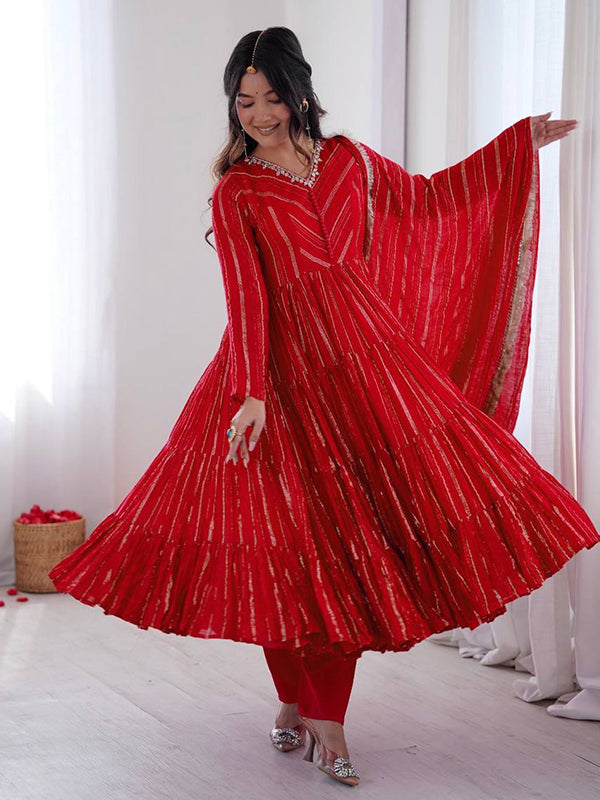 Red Handwork Mal Chanderi Ruffle Gown With Dupatta