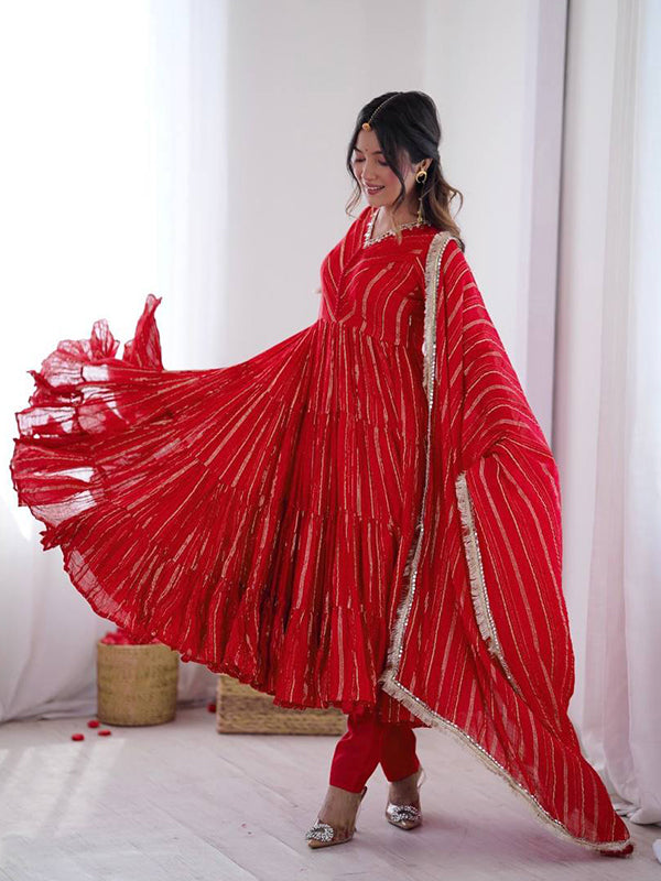Red Handwork Mal Chanderi Ruffle Gown With Dupatta