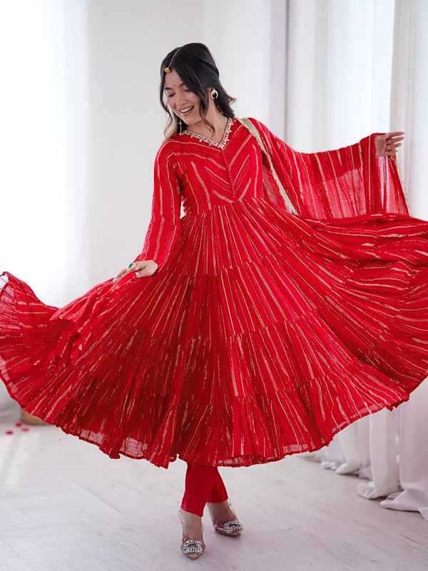 Red Handwork Mal Chanderi Ruffle Gown With Dupatta