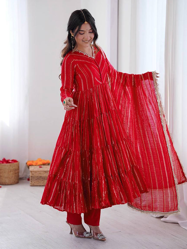 Red Handwork Mal Chanderi Ruffle Gown With Dupatta