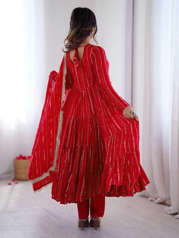Red Handwork Mal Chanderi Ruffle Gown With Dupatta