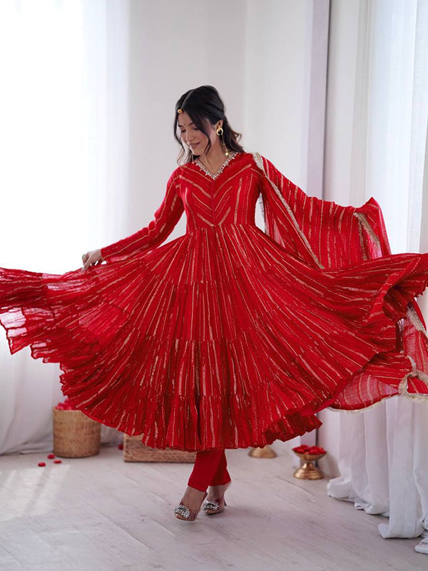 Red Handwork Mal Chanderi Ruffle Gown With Dupatta