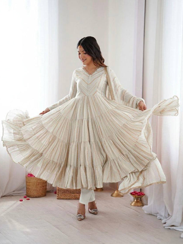 White Handwork Mal Chanderi Ruffle Gown With Dupatta