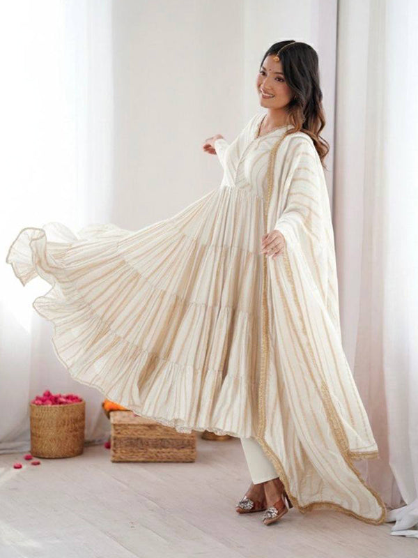 White Handwork Mal Chanderi Ruffle Gown With Dupatta