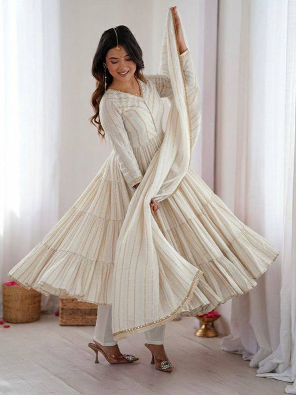 White Handwork Mal Chanderi Ruffle Gown With Dupatta
