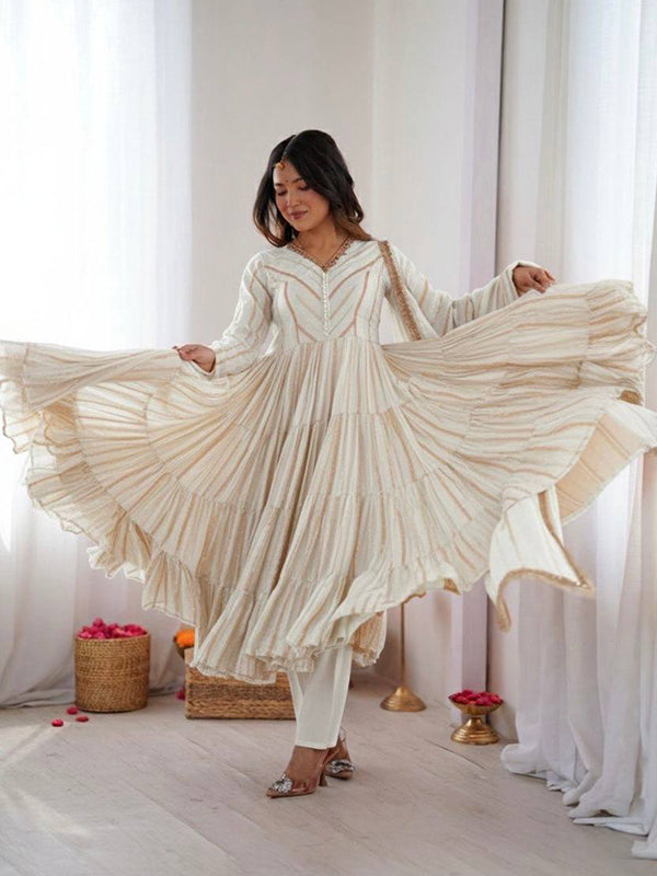 White Handwork Mal Chanderi Ruffle Gown With Dupatta