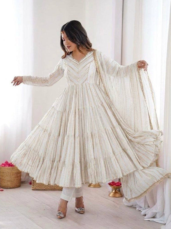 White Handwork Mal Chanderi Ruffle Gown With Dupatta