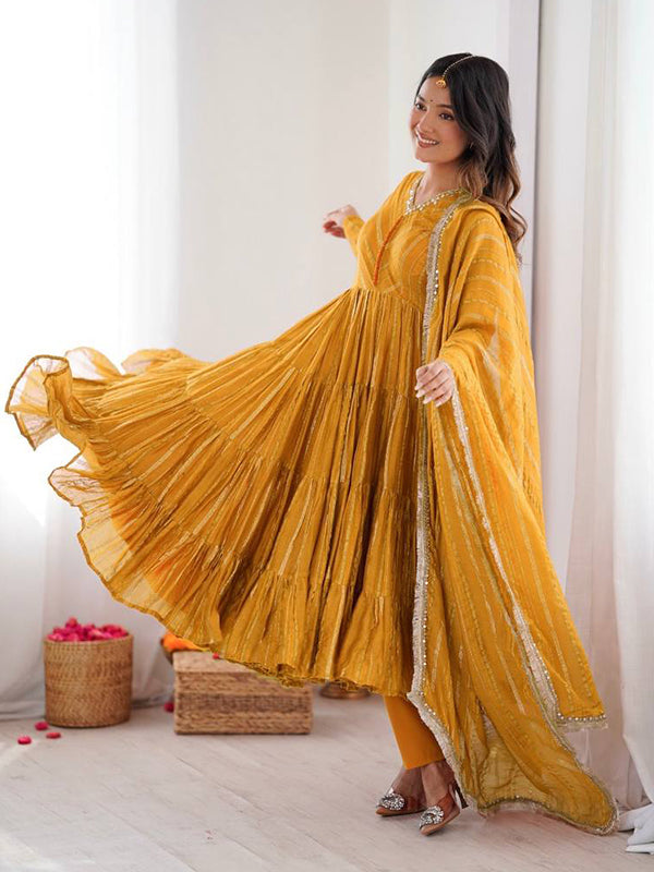 Yellow Handwork Mal Chanderi Ruffle Gown With Dupatta