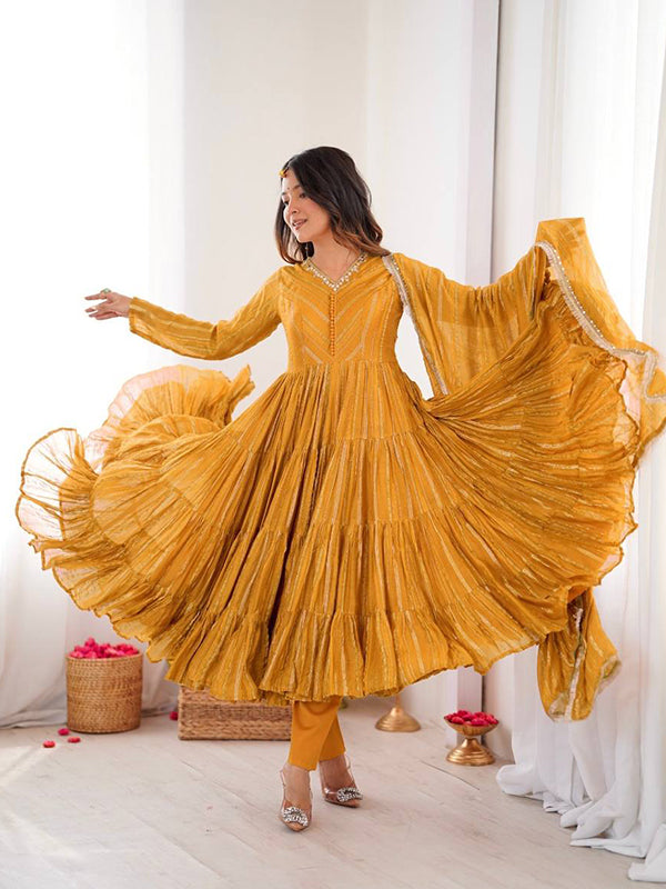 Yellow Handwork Mal Chanderi Ruffle Gown With Dupatta
