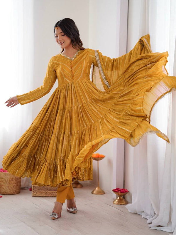 Yellow Handwork Mal Chanderi Ruffle Gown With Dupatta