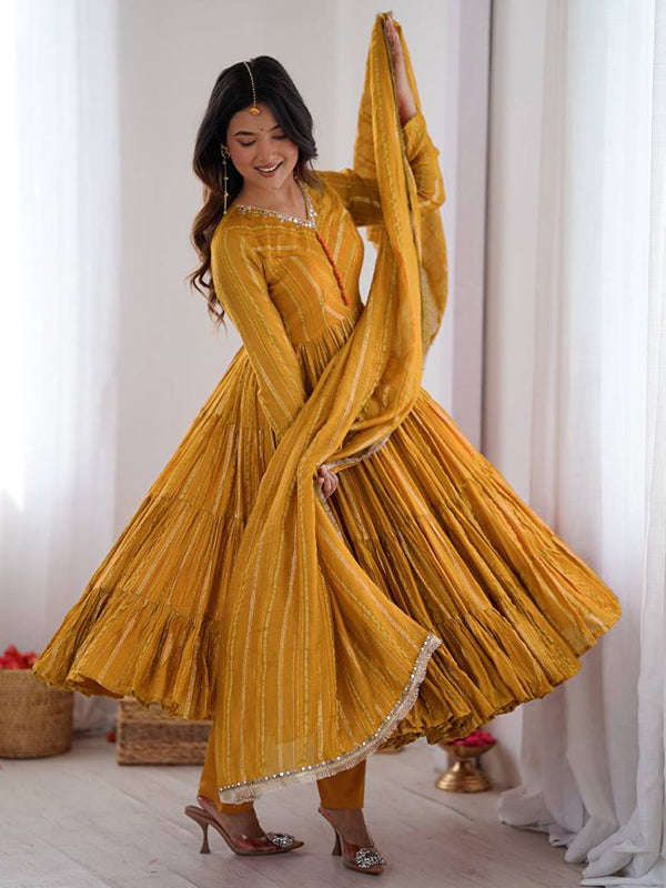Yellow Handwork Mal Chanderi Ruffle Gown With Dupatta
