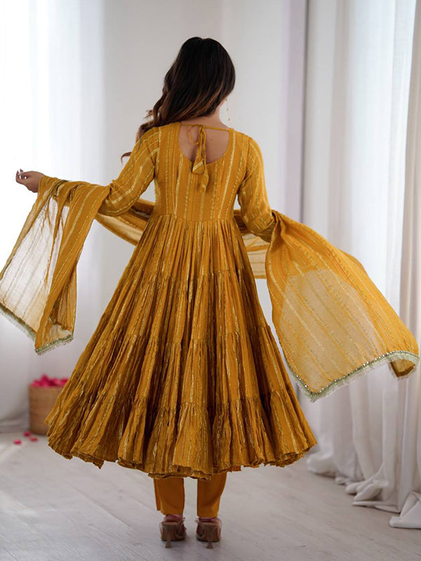 Yellow Handwork Mal Chanderi Ruffle Gown With Dupatta