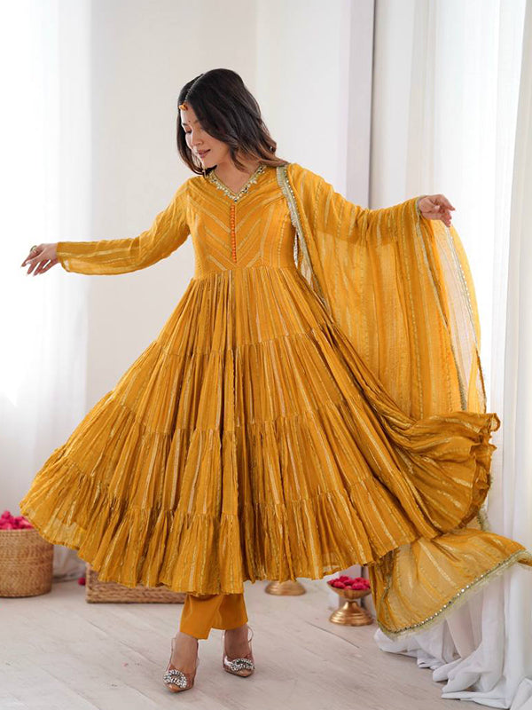 Yellow Handwork Mal Chanderi Ruffle Gown With Dupatta
