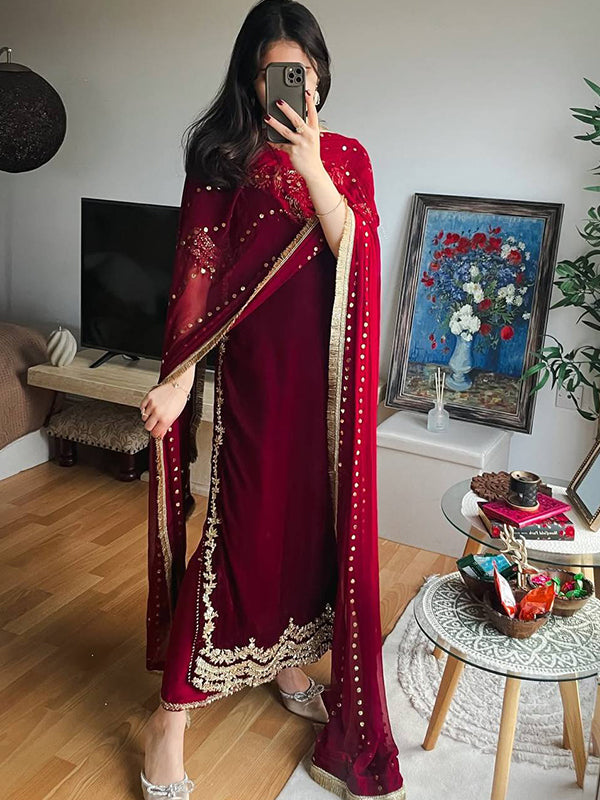 Maroon Embroidery Sequence Work Velvet Suit Set