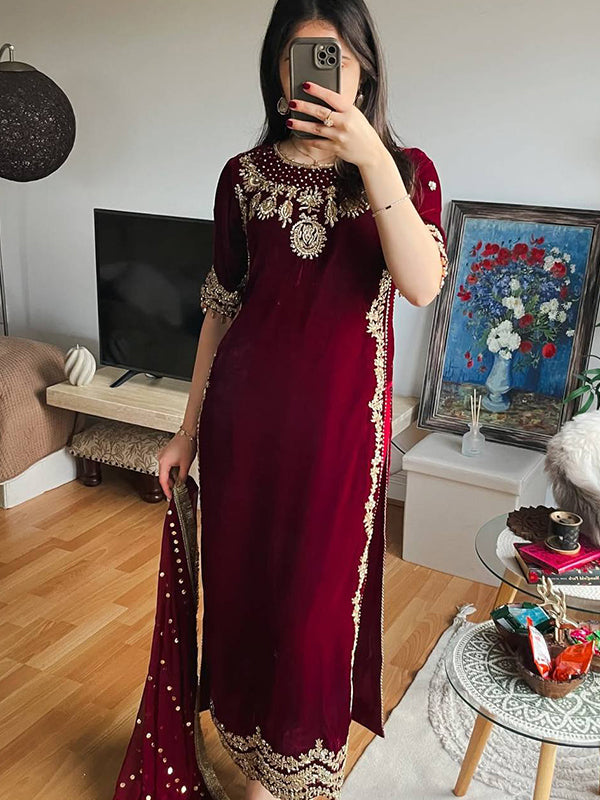 Maroon Embroidery Sequence Work Velvet Suit Set