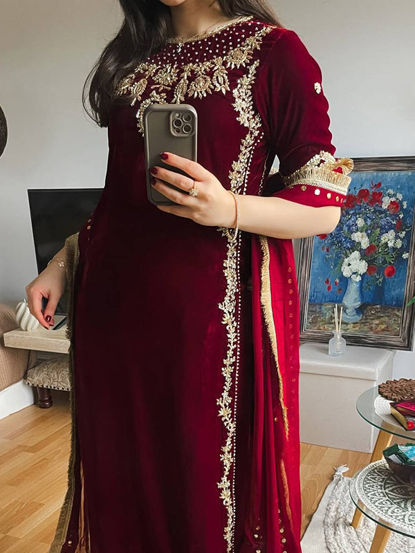 Maroon Embroidery Sequence Work Velvet Suit Set