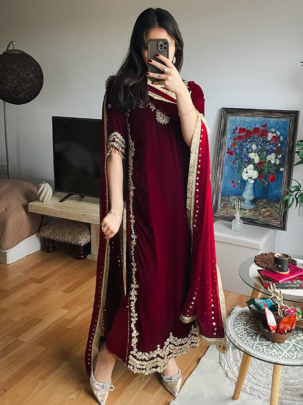 Maroon Embroidery Sequence Work Velvet Suit Set