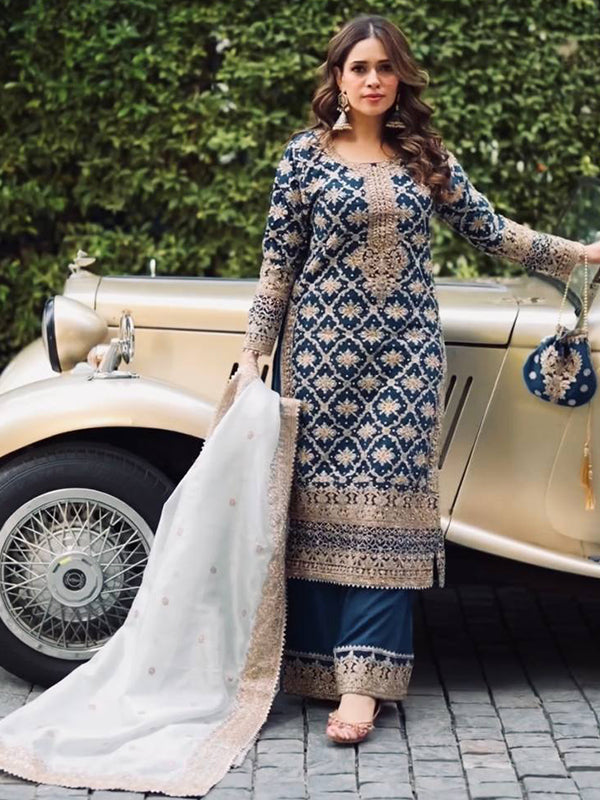 Blue Embroidery Sequence Work Georgette Kurti Plazzo With Dupatta