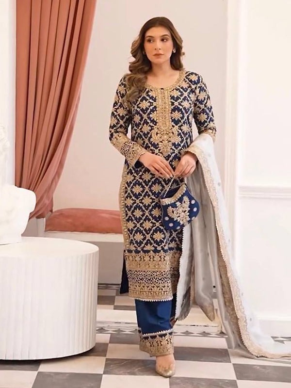 Blue Embroidery Sequence Work Georgette Kurti Plazzo With Dupatta