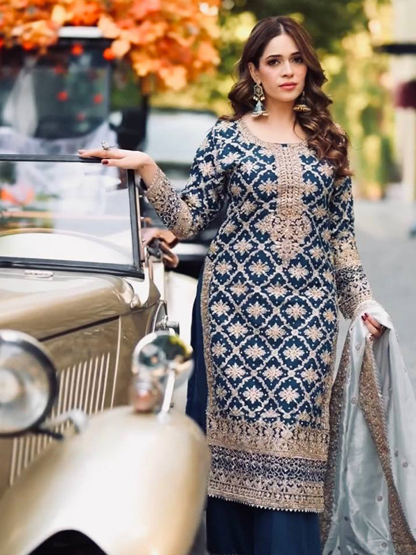 Blue Embroidery Sequence Work Georgette Kurti Plazzo With Dupatta