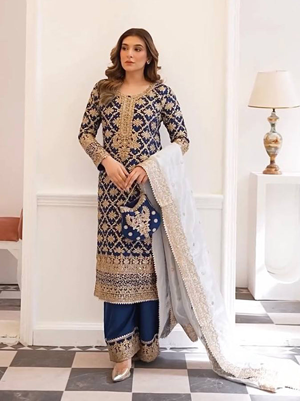 Blue Embroidery Sequence Work Georgette Kurti Plazzo With Dupatta