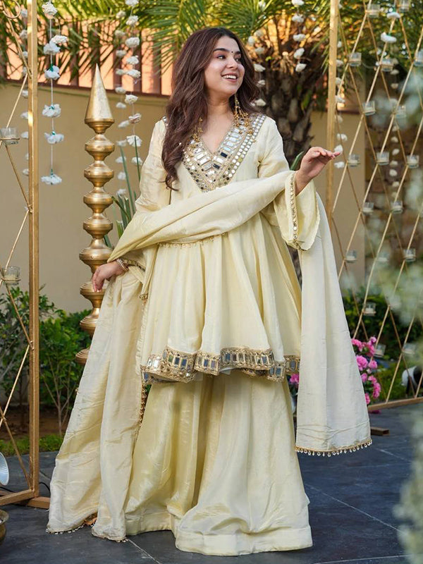 White Real Mirror Work Cosmos Gold Jari Silk Top Sharara With Dupatta