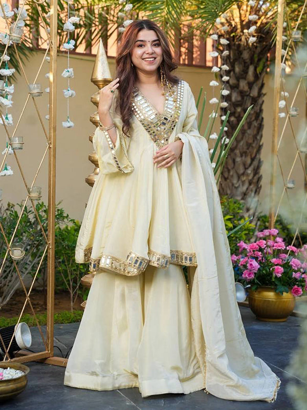 White Real Mirror Work Cosmos Gold Jari Silk Top Sharara With Dupatta