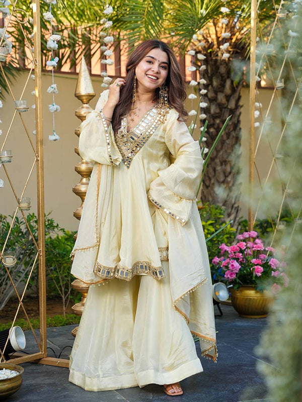 White Real Mirror Work Cosmos Gold Jari Silk Top Sharara With Dupatta