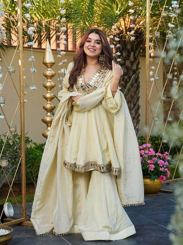White Real Mirror Work Cosmos Gold Jari Silk Top Sharara With Dupatta