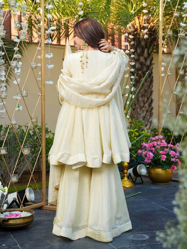 White Real Mirror Work Cosmos Gold Jari Silk Top Sharara With Dupatta