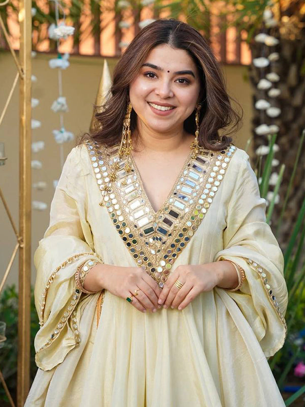White Real Mirror Work Cosmos Gold Jari Silk Top Sharara With Dupatta