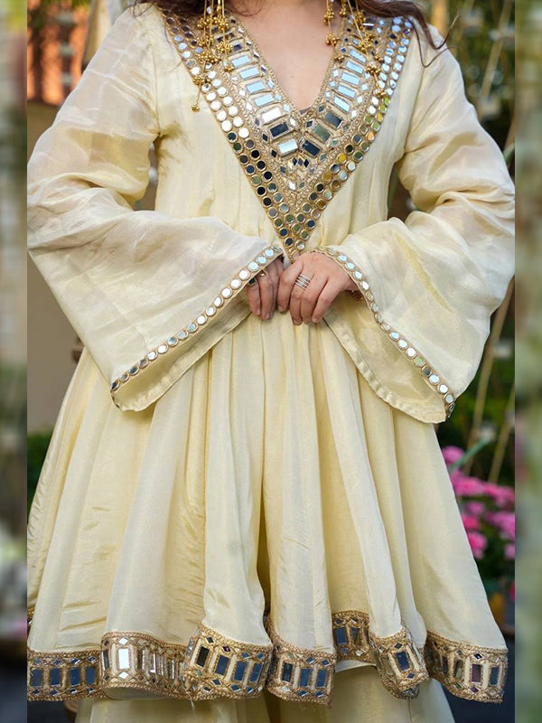 White Real Mirror Work Cosmos Gold Jari Silk Top Sharara With Dupatta