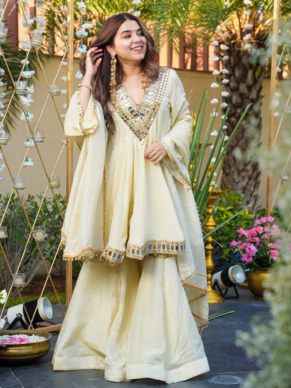 White Real Mirror Work Cosmos Gold Jari Silk Top Sharara With Dupatta