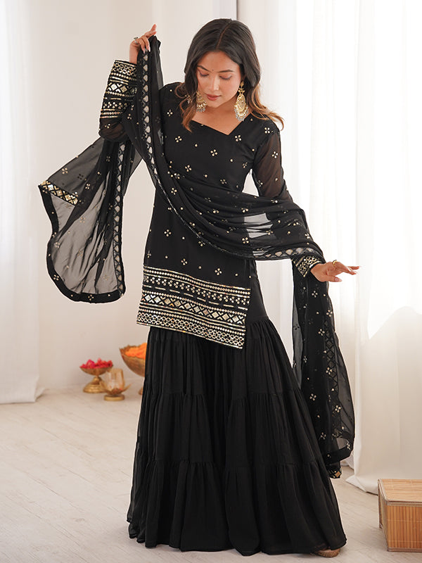 Black Embroidery Sequence Work Georgette Top Ruffle Sharara With Dupatta