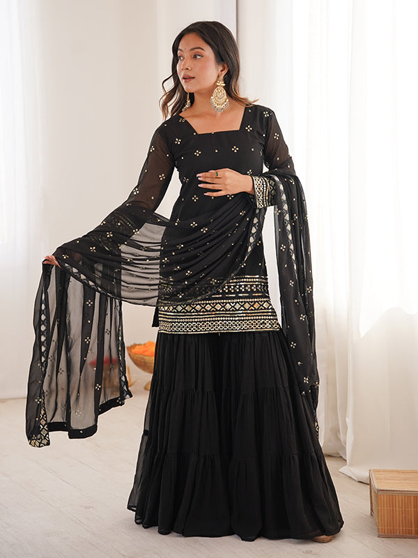 Black Embroidery Sequence Work Georgette Top Ruffle Sharara With Dupatta