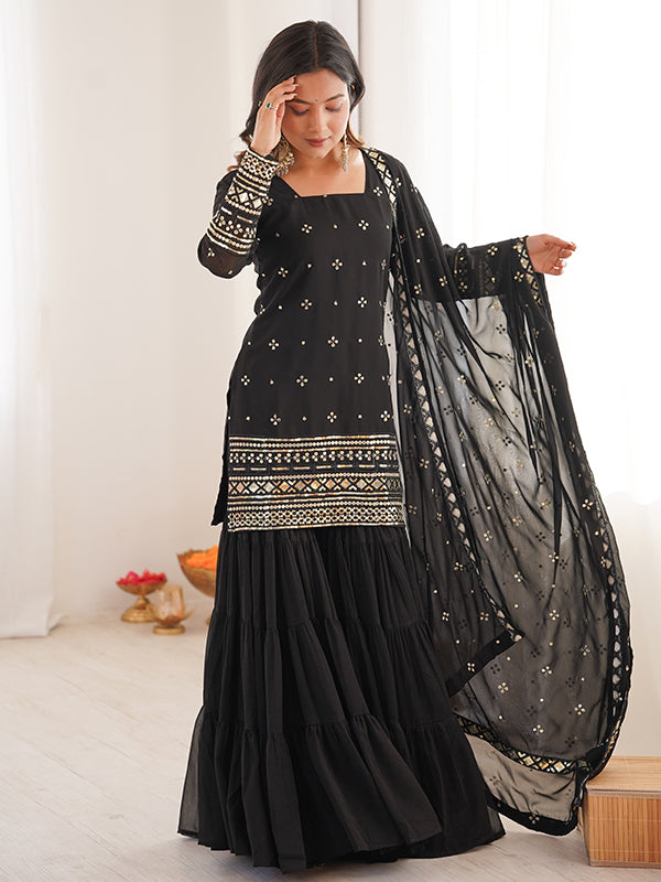 Black Embroidery Sequence Work Georgette Top Ruffle Sharara With Dupatta
